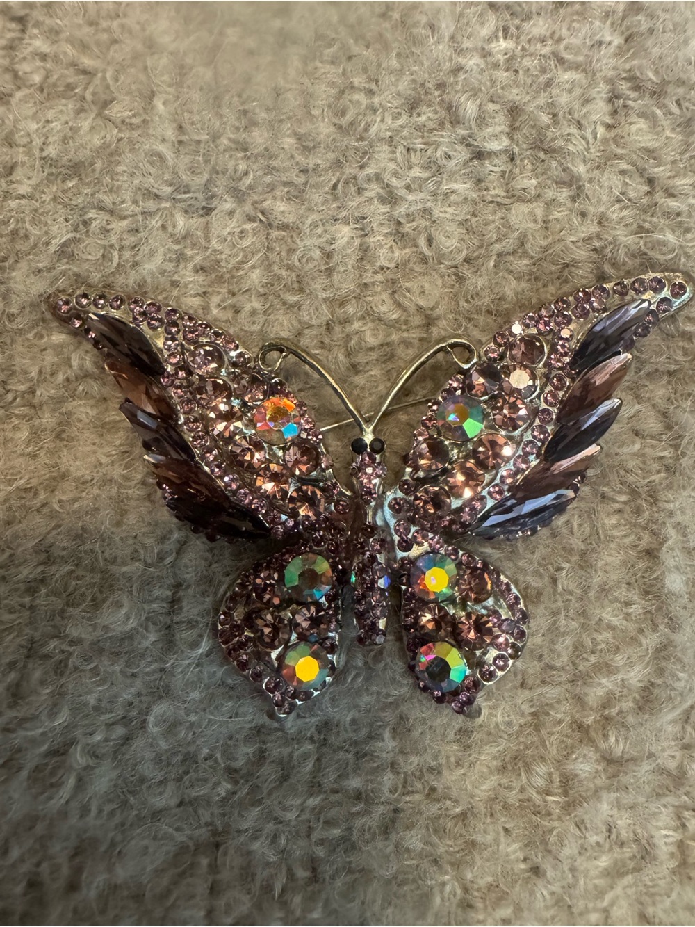 Sparkling Pink Butterfly Brooch with Iridescent Rhinestones